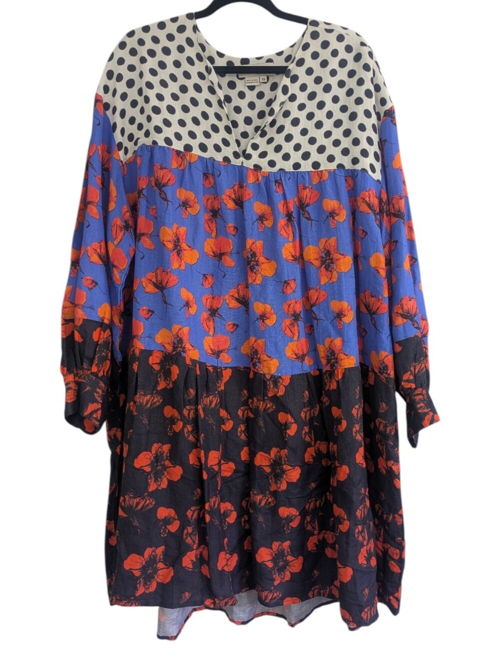 Dhruv Kapoor Floral Polka Dot Color Block Linen Blend Long Sleeve Dress